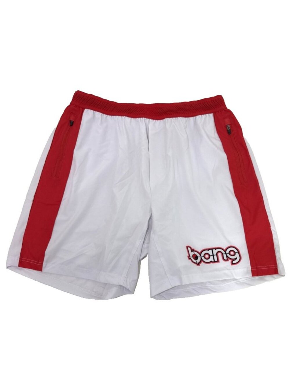 Bang Energy Drink Shorts White Red Running Elastic Waist Zip Pockets Mens XL